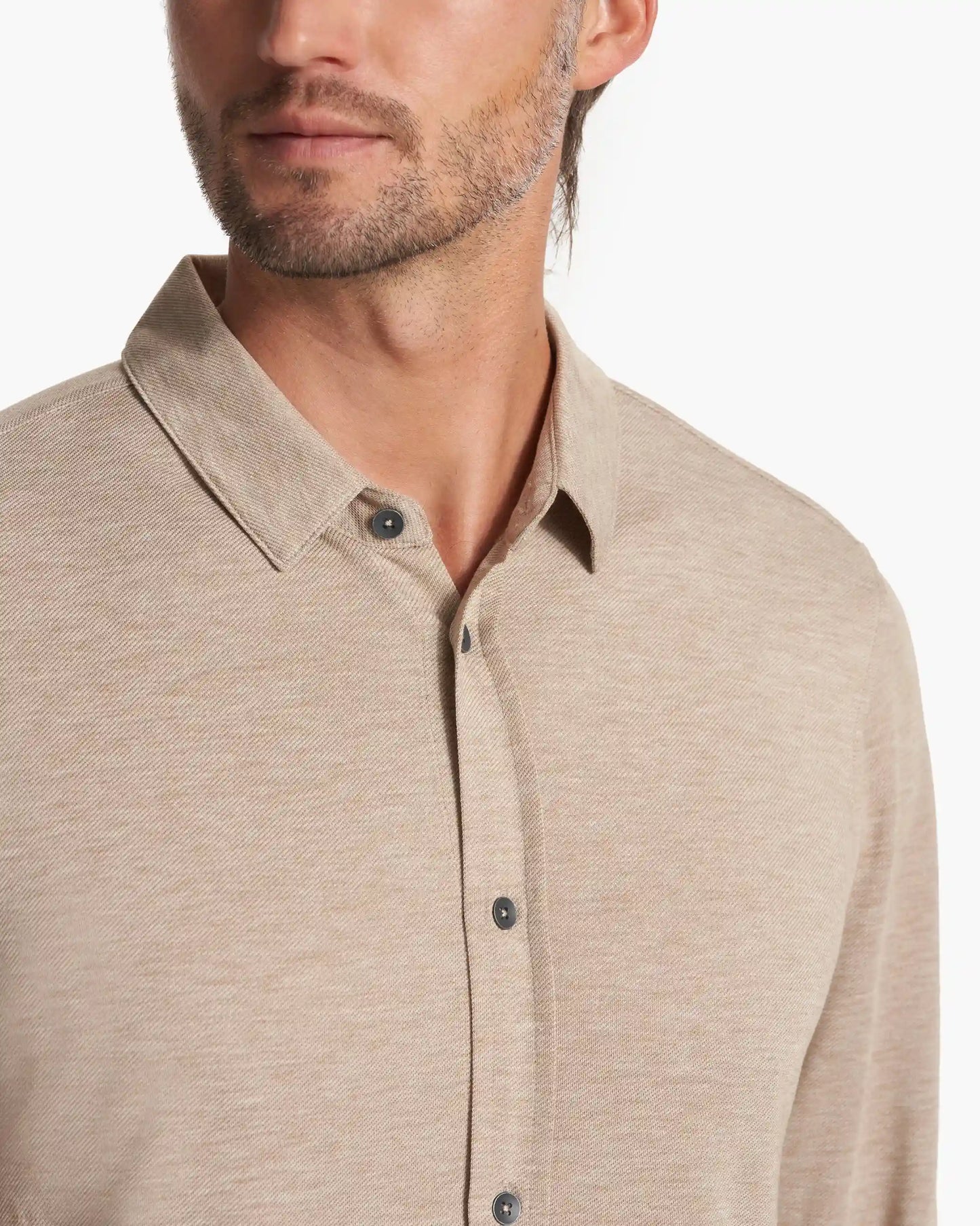Long Sleeve Knit Twill Button Down | Camel Heather