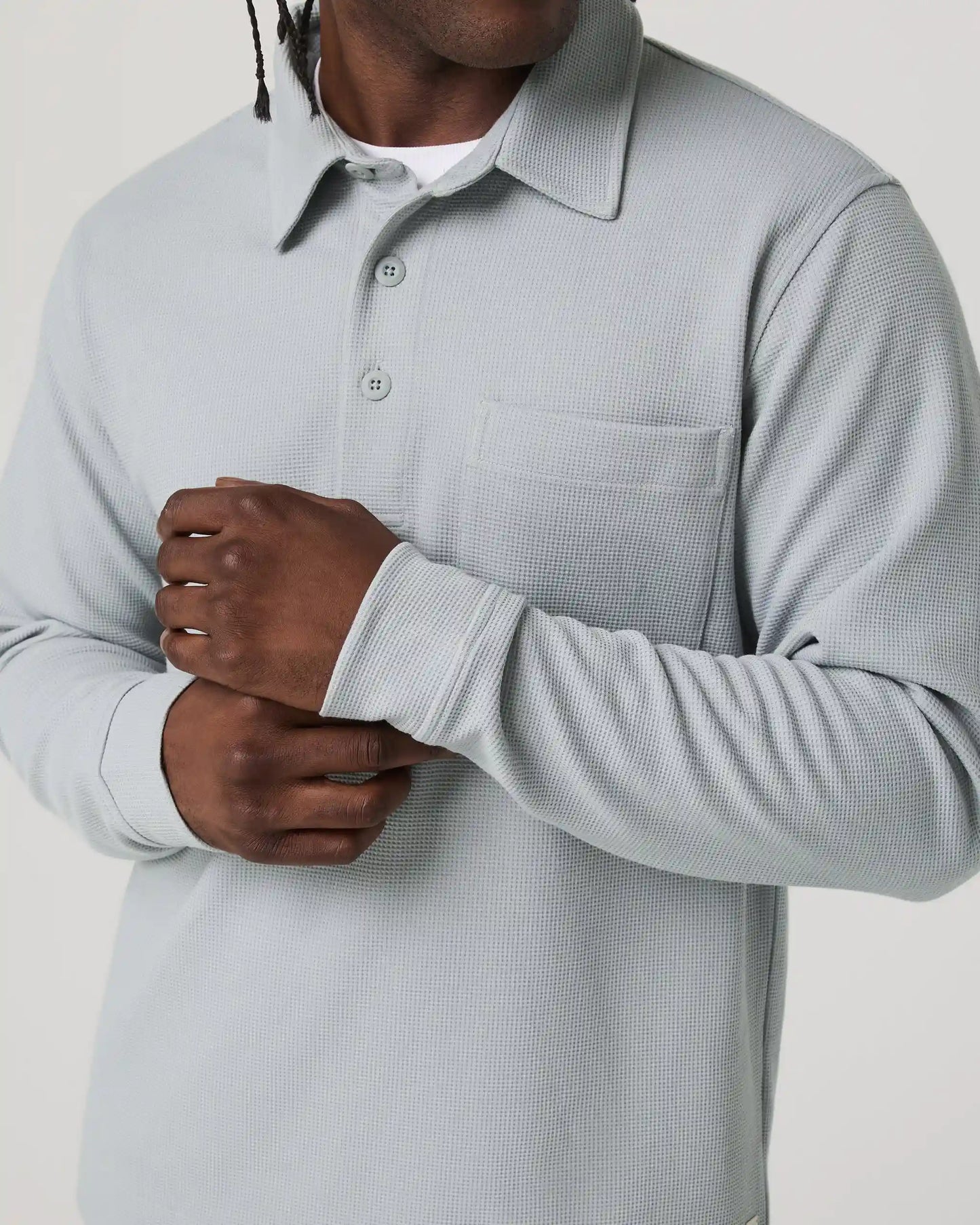 Long Sleeve Waffle Polo | Sea Fog