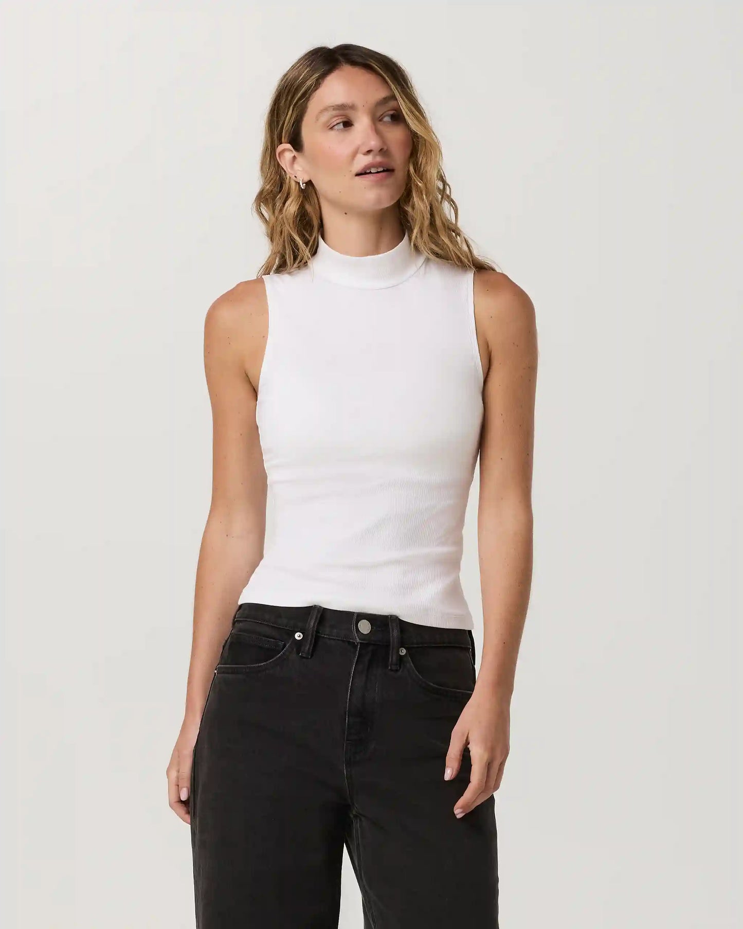 Cottony Rib Mock Neck Tank | White